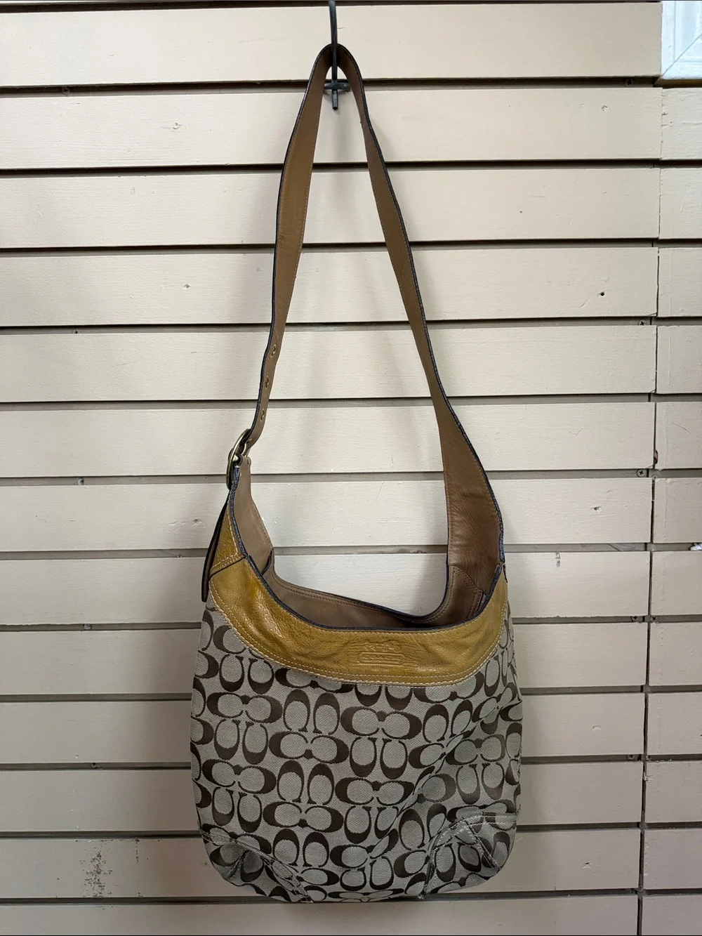 Coach Signature Canvas Hobo with Brown and Mustard Leather Trim